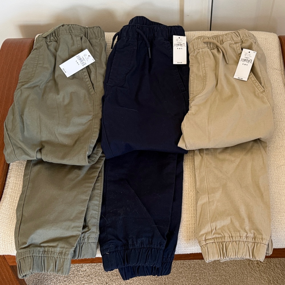 GAP Kids Cotton Joggers - Olive, Navy, Tan. Size S, 6-7. NWT (All 3 pants)